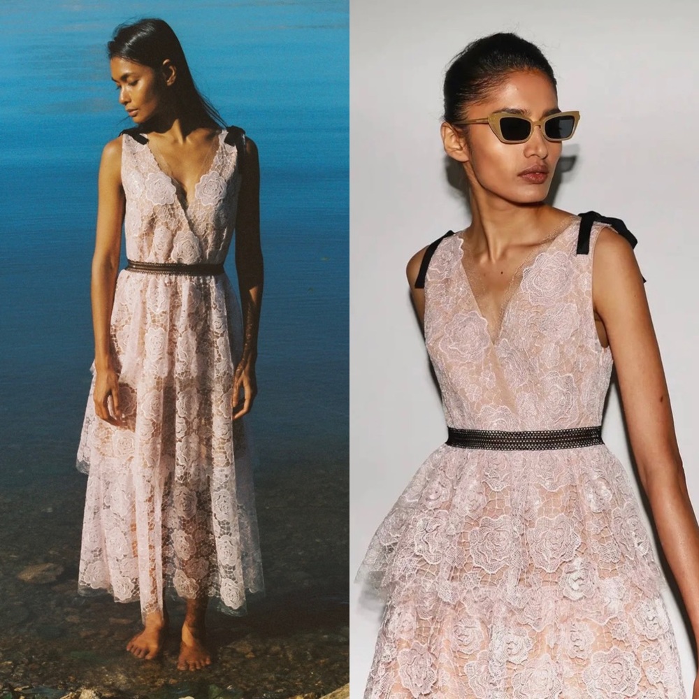 NEW SELF PORTRAIT Floral Lace Sequin Tier Ruffle‎ Bow Shoulder Fairycore Dress 2